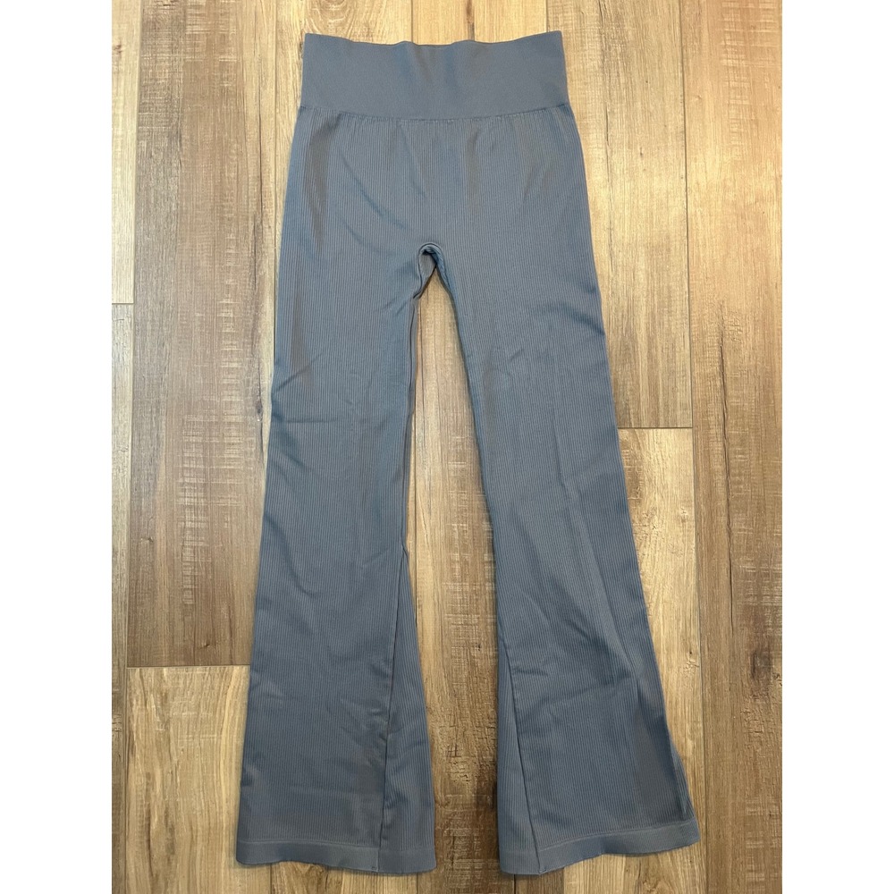 OQQ Womens Ribbed Seamless Flare Leg Yoga Pants Grey High Waisted XL Athleisure